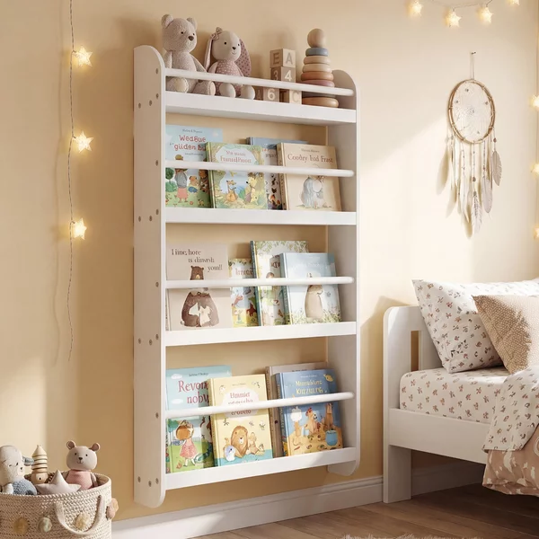 Costway Libreria da parete per bambini con barre di protezione e bordi rialzati, Scaffale portaoggetti a 4 livelli salvaspazio Bianco
