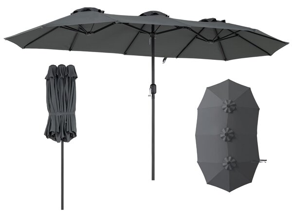 Costway Ombrellone da esterno rettangolare con maniglia a manovella scorrevole e 12 stecche, Ombrellone doppio da giardino senza base Grigio