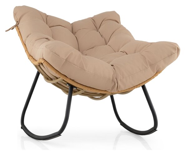 Costway Sedia a dondolo in rattan con struttura in metallo da interno ed esterno, Poltrona a dondolo con cuscino rimovibile Beige