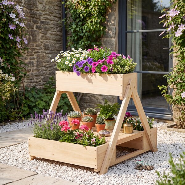Costway Fioriera rialzata in legno con 3 vasi ripiano aperto e fori di drenaggio, Letto da giardino orto rialzato da esterno a forma di A