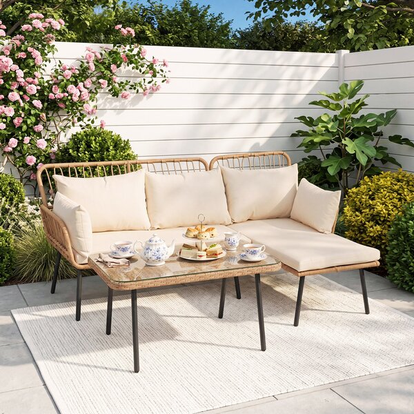 Costway Set di 3 pezzi mobili da giardino con cuscini imbottiti tavolino da caffè rotondo con piano in vetro temperato, 2 Divani in pe rattan