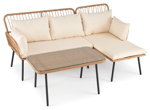 Costway Set di 3 pezzi mobili da giardino con cuscini imbottiti tavolino da caffè rotondo con piano in vetro temperato, 2 Divani in pe rattan