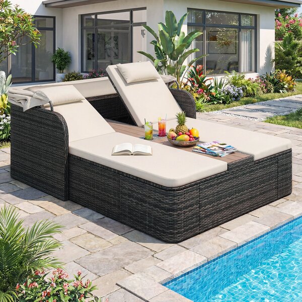 Costway Letto matrimoniale in rattan con tetto retrattile e schienali regolabili, Divano imbottito con tavolino centrale e portabicchieri Beige