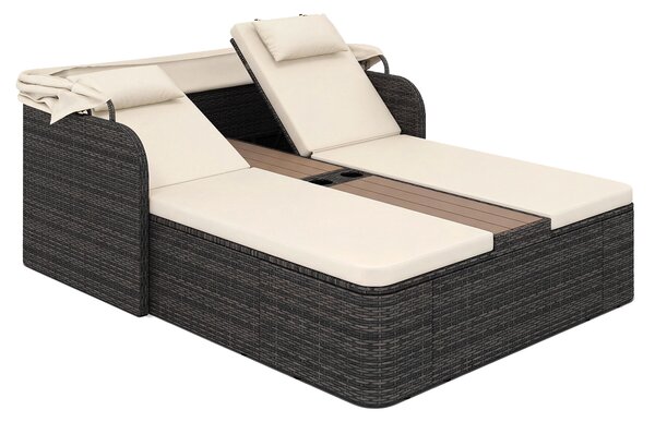 Costway Letto matrimoniale in rattan con tetto retrattile e schienali regolabili, Divano imbottito con tavolino centrale e portabicchieri Beige