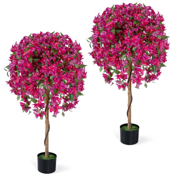 Costway 2 Albero di azalea artificiale da 135cm con 576 fiori 288 foglie tronco in legno, Albero floreale in vaso Rosso