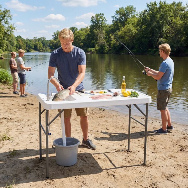 Costway Tavolo da campeggio con rubinetto e lavandino, Tavolo pieghevole e portatile per lavaggio e preparazione di cibi pesca e verdure