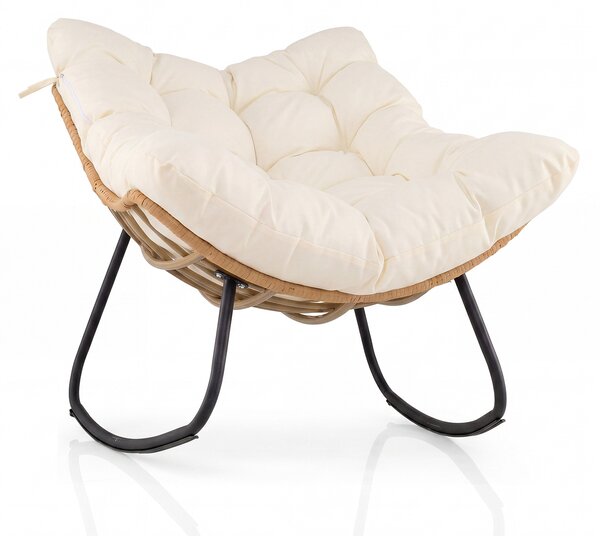 Costway Sedia a dondolo in rattan con struttura in metallo da interno ed esterno, Poltrona a dondolo con cuscino rimovibile Bianco