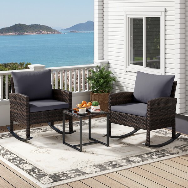 Costway Set salotto da giardino in rattan con 2 poltrone a dondolo tavolino e cuscini, Set mobili da eterno Grigio