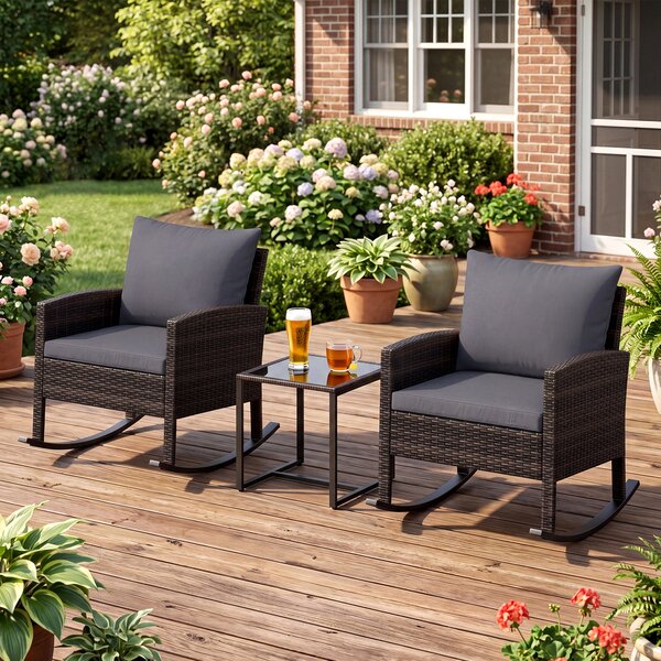 Costway Set salotto da giardino in rattan con 2 poltrone a dondolo tavolino e cuscini, Set mobili da eterno Grigio