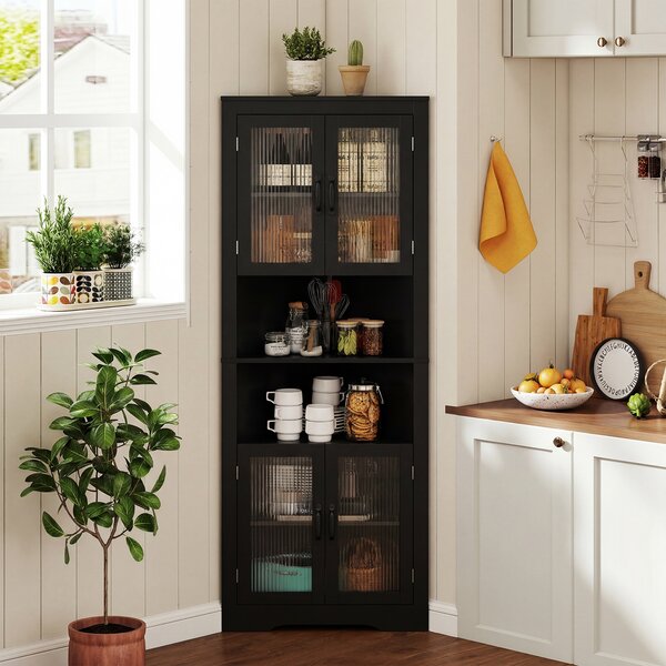 Costway Mobile buffet triangolare salvaspazio in vetro temperato per cucina, Armadio angolare alto 171cm Nero