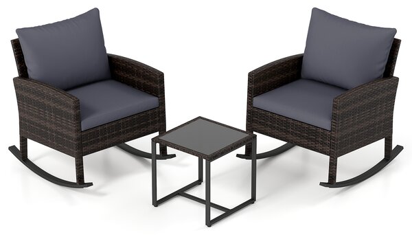 Costway Set salotto da giardino in rattan con 2 poltrone a dondolo tavolino e cuscini, Set mobili da eterno Grigio