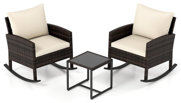 Costway Set salotto da giardino in rattan con 2 poltrone a dondolo tavolino e cuscini, Set mobili da eterno Beige