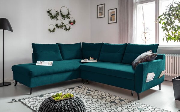 Divano letto angolare in velluto turchese L, angolo sinistro Stylish Stan - Miuform