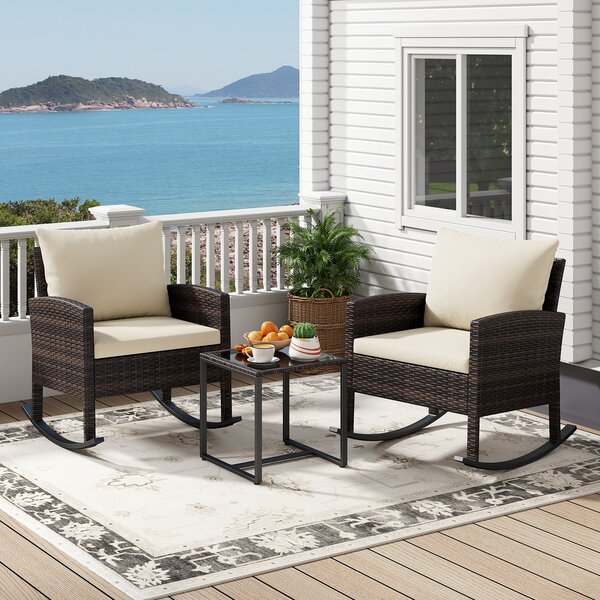 Costway Set salotto da giardino in rattan con 2 poltrone a dondolo tavolino e cuscini, Set mobili da eterno Beige
