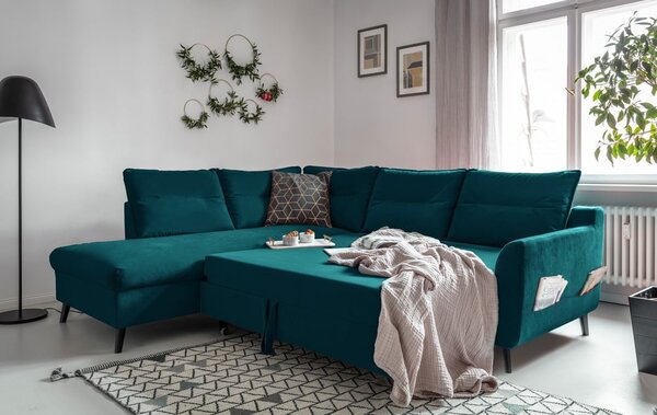 Divano letto angolare in velluto turchese L, angolo sinistro Stylish Stan - Miuform