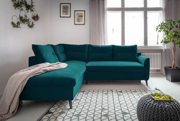 Divano letto angolare in velluto turchese L, angolo sinistro Stylish Stan - Miuform