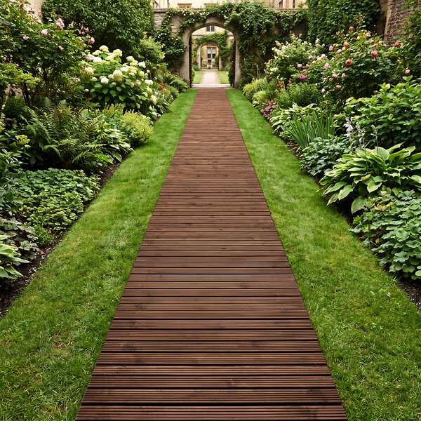 Costway Sentiero da giardino in legno superficie antiscivolo collegamento con fili metallici, Passerella decorativa da esterno Marrone