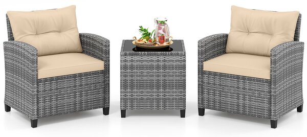 Costway Set mobili da esterno 3 pezzi con vetro temperato morbidi cuscini, Set sedie e tavolo in rattan per balcone veranda e giardino Giallo