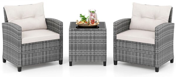 Costway Set mobili da esterno 3 pezzi con vetro temperato morbidi cuscini, Set sedie e tavolo in rattan per balcone veranda e giardino Bianco