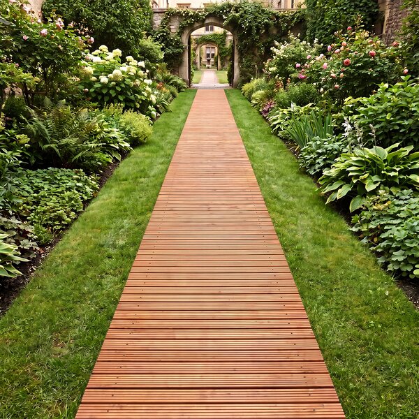 Costway Sentiero da giardino in legno superficie antiscivolo collegamento con fili metallici, Passerella decorativa da esterno Naturale