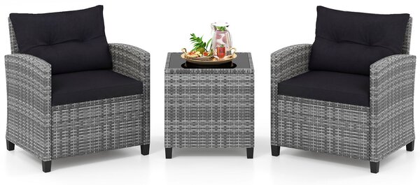 Costway Set mobili da esterno 3 pezzi con vetro temperato morbidi cuscini, Set sedie e tavolo in rattan per balcone veranda e giardino Nero