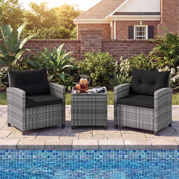 Costway Set mobili da esterno 3 pezzi con vetro temperato morbidi cuscini, Set sedie e tavolo in rattan per balcone veranda e giardino Nero