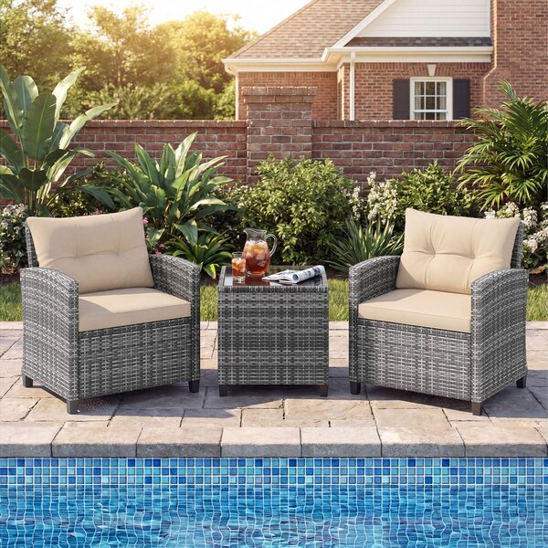 Costway Set mobili da esterno 3 pezzi con vetro temperato morbidi cuscini, Set sedie e tavolo in rattan per balcone veranda e giardino Giallo