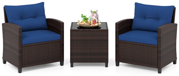 Costway Set di 3 mobili da patio con 4 cuscini rimovibili, Set di 2 sedie e 1 tavolino in rattan con piano in vetro Blu scuro