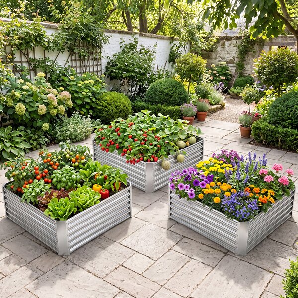 Costway Orto rialzato da esterno in metallo zincato fioriera senza base, Letto da giardino per piante fiori verdure 124,5 x 124,5 x 44,5 cm