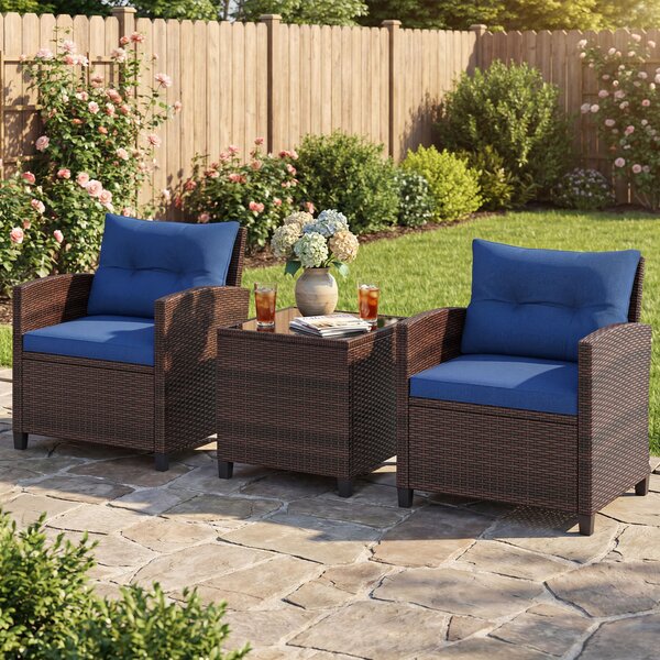 Costway Set di 3 mobili da patio con 4 cuscini rimovibili, Set di 2 sedie e 1 tavolino in rattan con piano in vetro Blu scuro
