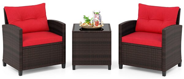 Costway Set di 3 mobili da patio con 4 cuscini rimovibili, Set di 2 sedie e 1 tavolino in rattan con piano in vetro Rosso