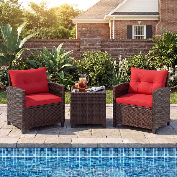 Costway Set di 3 mobili da patio con 4 cuscini rimovibili, Set di 2 sedie e 1 tavolino in rattan con piano in vetro Rosso