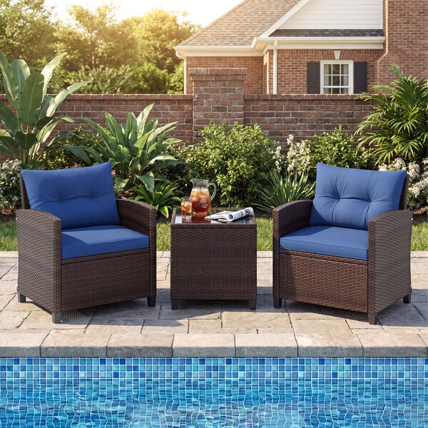 Costway Set di 3 mobili da patio con 4 cuscini rimovibili, Set di 2 sedie e 1 tavolino in rattan con piano in vetro Blu scuro