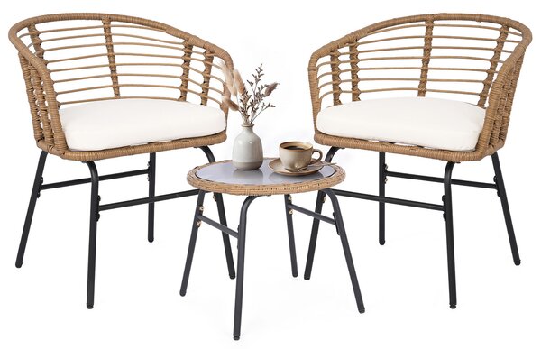 Costway Salotto da esterno in pe rattan con piano in vetro temperato, Set mobile da giardino a 3 pezzi 2 poltrone con cuscini imbottiti
