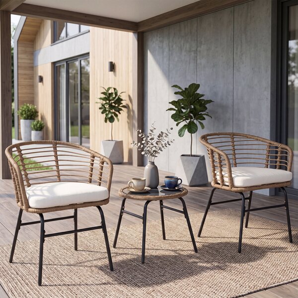 Costway Salotto da esterno in pe rattan con piano in vetro temperato, Set mobile da giardino a 3 pezzi 2 poltrone con cuscini imbottiti