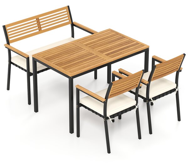 Costway Set pranzo da giardino legno di acacia con foro per ombrellone, Tavolo da pranzo con 2 sedie e panca mobili da esterno ergonomiche