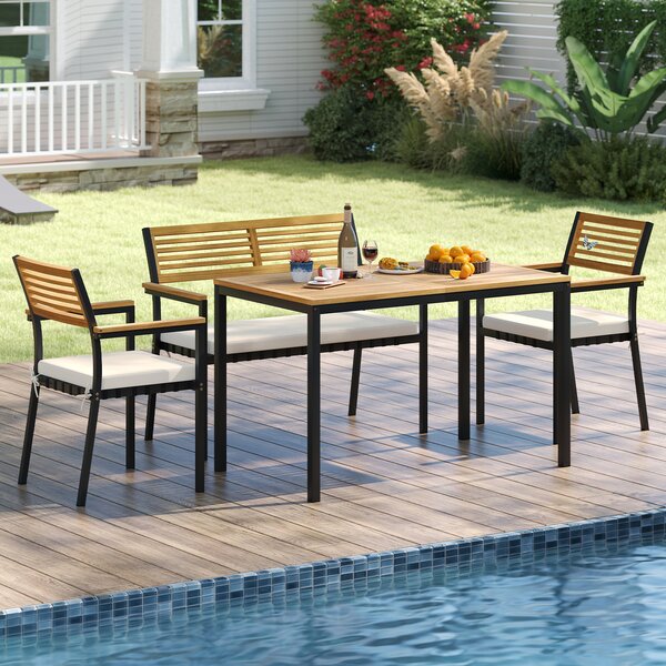 Costway Set pranzo da giardino legno di acacia con foro per ombrellone, Tavolo da pranzo con 2 sedie e panca mobili da esterno ergonomiche