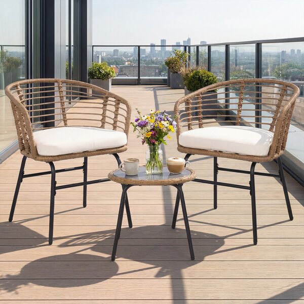 Costway Salotto da esterno in pe rattan con piano in vetro temperato, Set mobile da giardino a 3 pezzi 2 poltrone con cuscini imbottiti