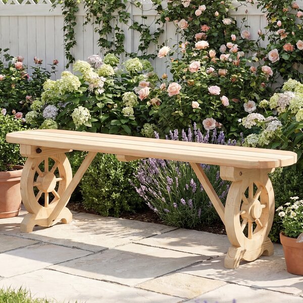 Costway Panchina in legno con base a ruota di carro design sedile a doghe carico 322kg, Panchina lunga da pranzo a 2 posti Naturale
