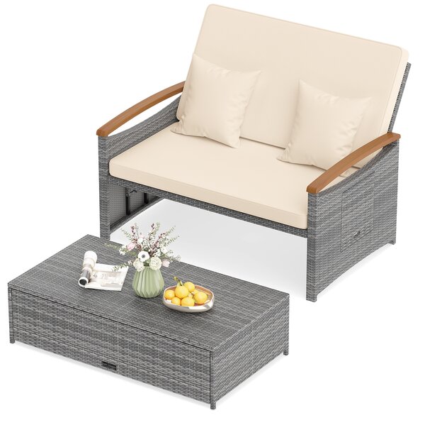 Costway Letto da giorno in rattan per patio schienale regolabile a 4 livelli, Set 2 pezzi con divanetto e pouf contenitore tavoli ribaltabili Beige