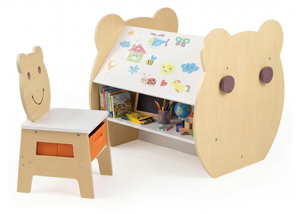 Costway Set tavolo e sedia per bambini sedia con cassetto rimovibile, Tavolo in legno con ampio piano lavagna bifacciale ripiano Naturale