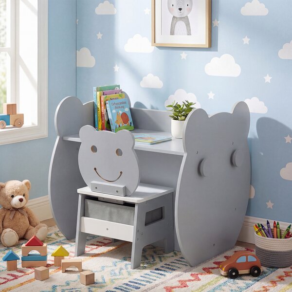 Costway Set tavolo e sedia per bambini sedia con cassetto rimovibile, Tavolo in legno con ampio piano lavagna bifacciale ripiano Grigio