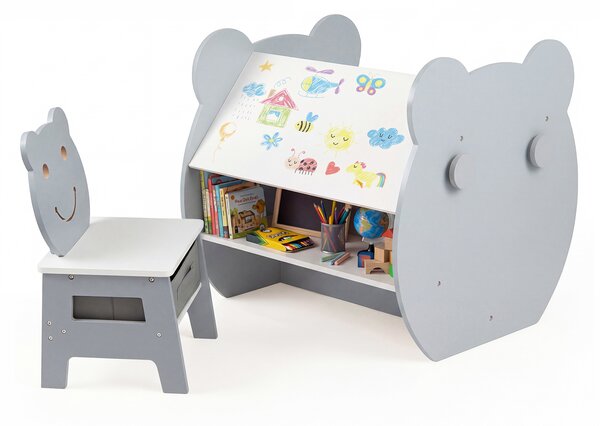 Costway Set tavolo e sedia per bambini sedia con cassetto rimovibile, Tavolo in legno con ampio piano lavagna bifacciale ripiano Grigio