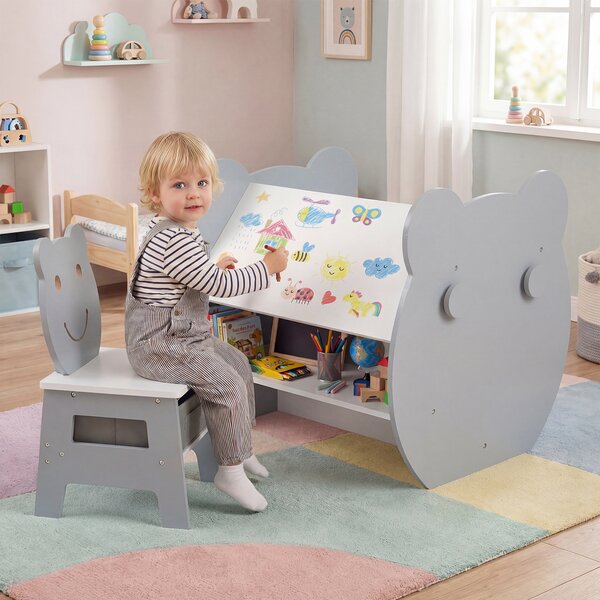 Costway Set tavolo e sedia per bambini sedia con cassetto rimovibile, Tavolo in legno con ampio piano lavagna bifacciale ripiano Grigio