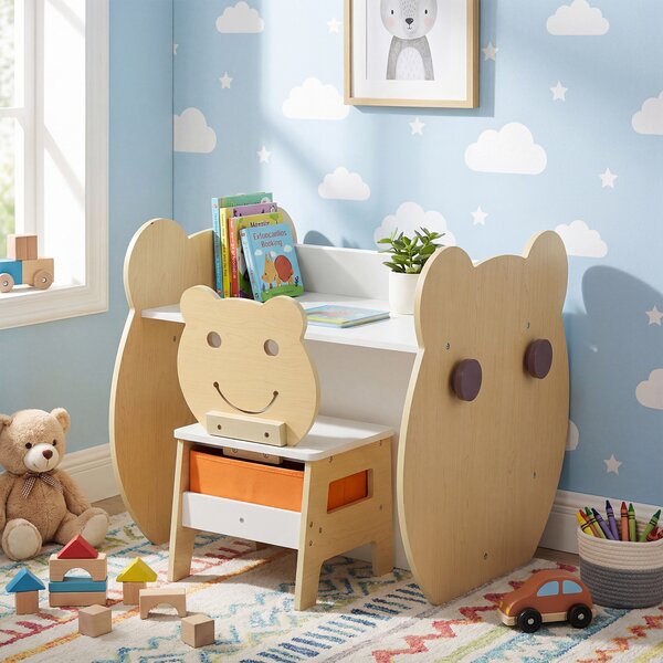 Costway Set tavolo e sedia per bambini sedia con cassetto rimovibile, Tavolo in legno con ampio piano lavagna bifacciale ripiano Naturale