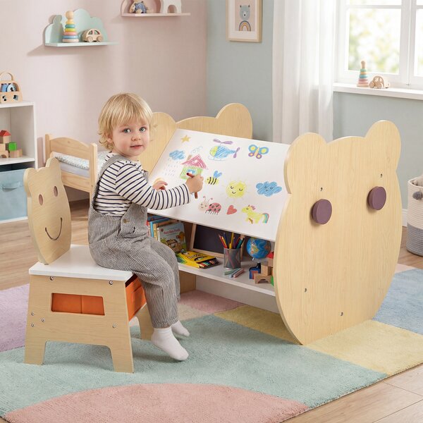 Costway Set tavolo e sedia per bambini sedia con cassetto rimovibile, Tavolo in legno con ampio piano lavagna bifacciale ripiano Naturale