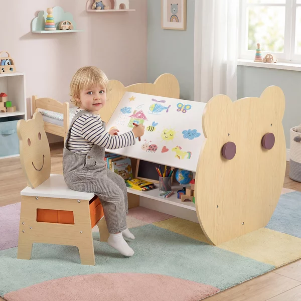 Costway Set tavolo e sedia per bambini sedia con cassetto rimovibile, Tavolo in legno con ampio piano lavagna bifacciale ripiano Naturale