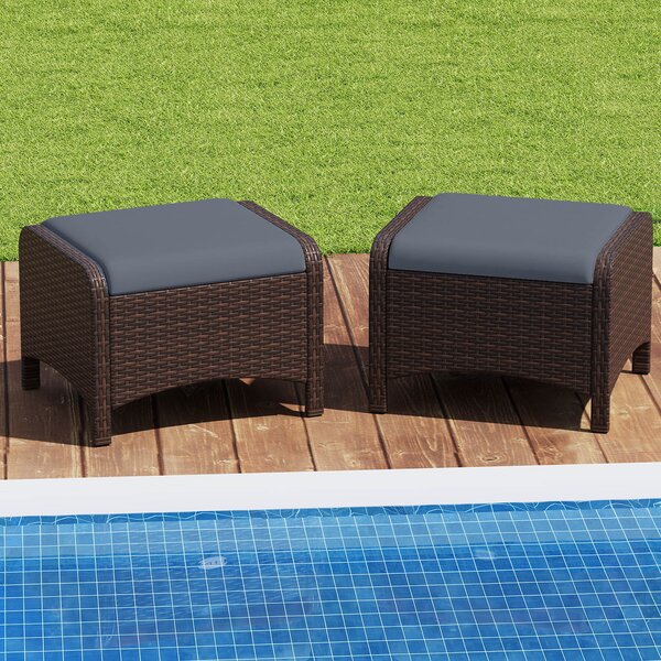 Costway Set di 2 poggiapiedi da giardino in PE rattan con cuscino rimovibile, Pouf da esterno ottomano multiuso Grigio
