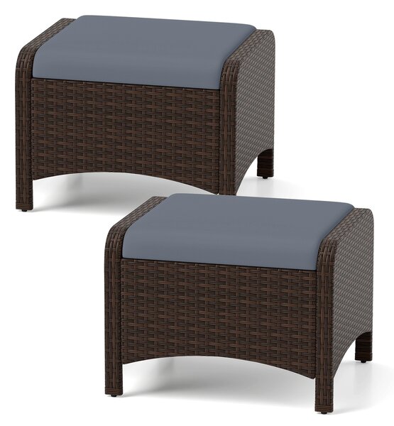 Costway Set di 2 poggiapiedi da giardino in PE rattan con cuscino rimovibile, Pouf da esterno ottomano multiuso Grigio