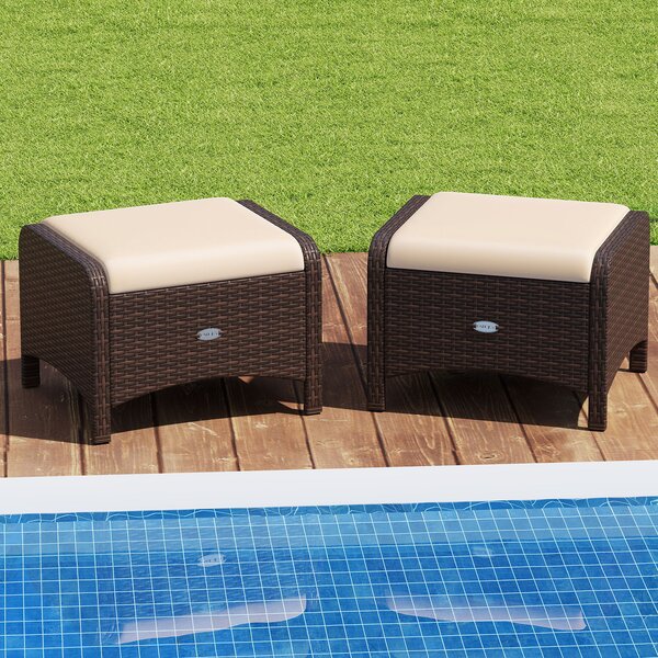 Costway Set di 2 poggiapiedi da giardino in PE rattan con cuscino rimovibile, Pouf da esterno ottomano multiuso Beige